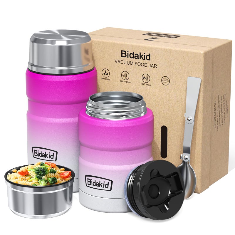 Bidakid Insulated Food Jar Set - 25.4oz & 17oz Stainless Steel Containers with Folding Spoon and Carrying Bags - Leak-Proof  Keeps Food Hot or Cold for up to 12 Hours - Ideal for Work  School  Travel - Image 1