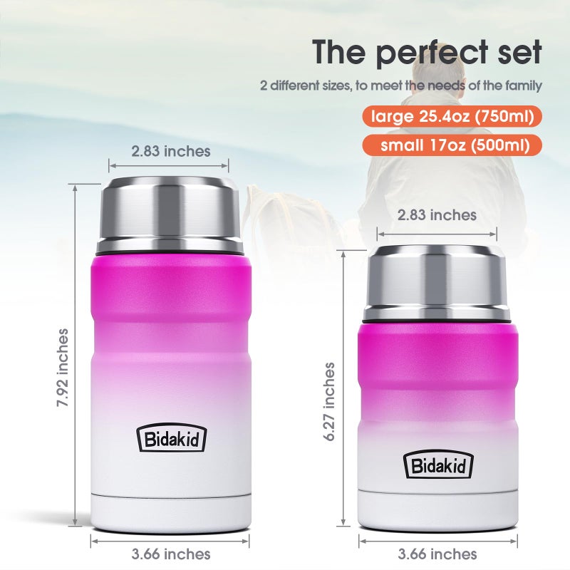 Bidakid Insulated Food Jar Set - 25.4oz & 17oz Stainless Steel Containers with Folding Spoon and Carrying Bags - Leak-Proof  Keeps Food Hot or Cold for up to 12 Hours - Ideal for Work  School  Travel - Image 2
