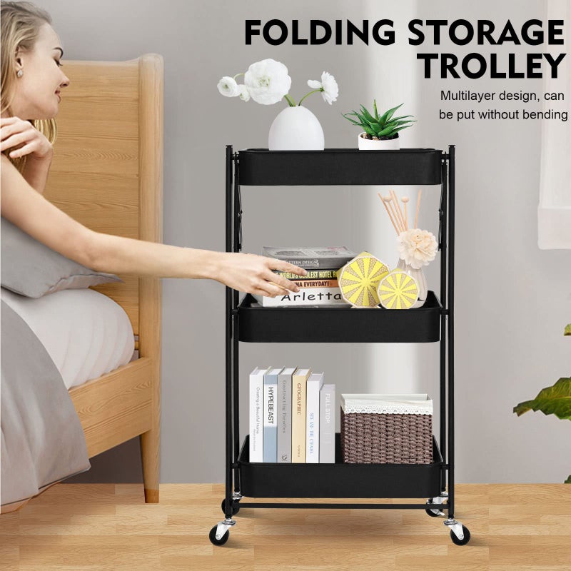 SKY-TOUCH 3 Tier Foldable Metal Rolling Utility Cart Organizer, Multipurpose Organizer Trolley With Casters For Kitchen, Bedroom, Bathroom, Office, Laundry Room And Garage Black^46X30X76cm - Image 3