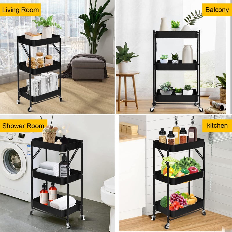 SKY-TOUCH 3 Tier Foldable Metal Rolling Utility Cart Organizer, Multipurpose Organizer Trolley With Casters For Kitchen, Bedroom, Bathroom, Office, Laundry Room And Garage Black^46X30X76cm - Image 4