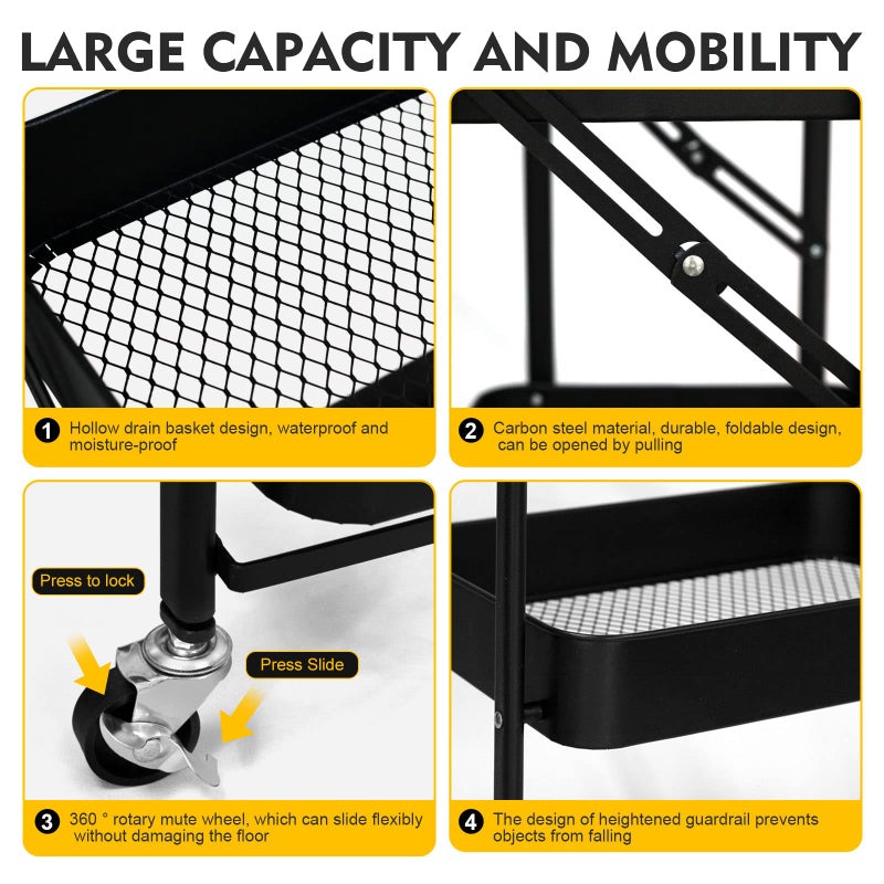 SKY-TOUCH 3 Tier Foldable Metal Rolling Utility Cart Organizer, Multipurpose Organizer Trolley With Casters For Kitchen, Bedroom, Bathroom, Office, Laundry Room And Garage Black^46X30X76cm - Image 2