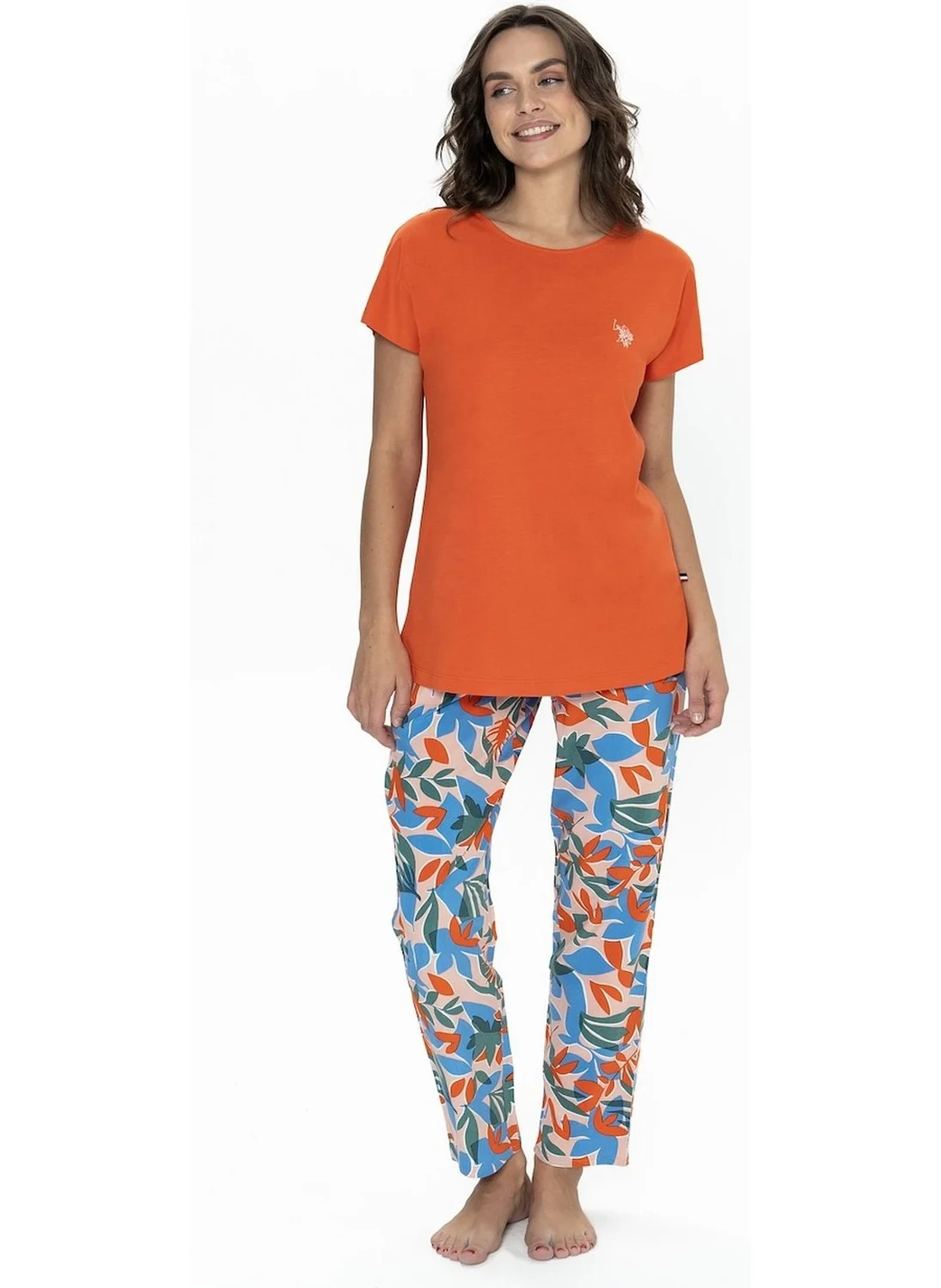 U.S. Polo Assn. 20097 Women's Short Sleeve Crew Neck Pajama Set-Orange