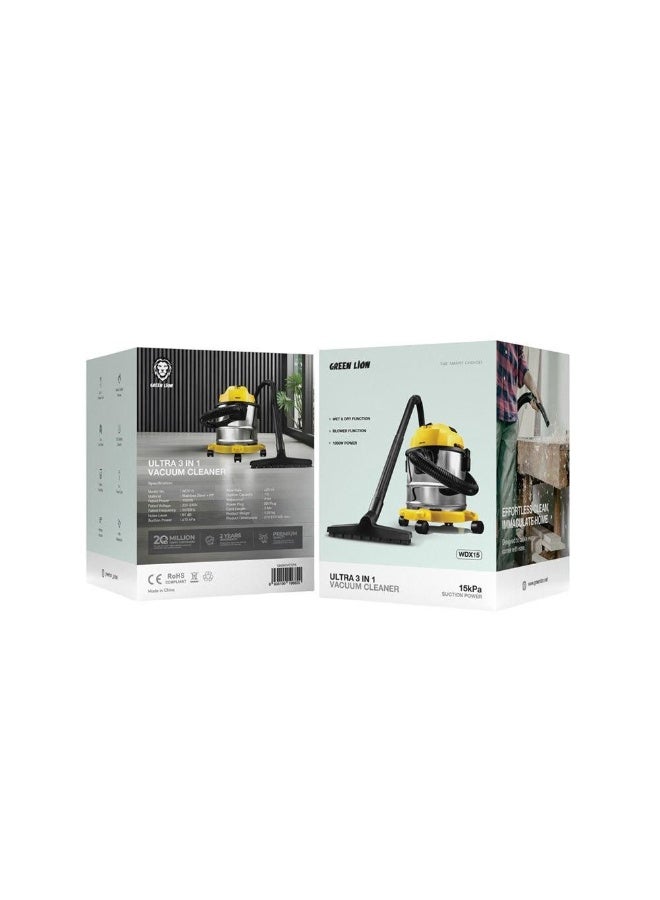 GREEN LION 3-in-1 vacuum cleaner, 12-liter capacity, 1000W power, with blower and wet/dry cleaning function / 15 kPa suction power / swivel wheels / cloth dust bag / 3-meter cord / multiple nozzles / 1.5-meter hose - Image 5