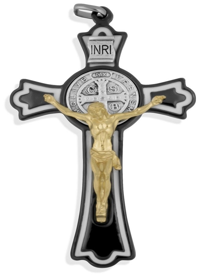 VENERARE Black Saint Benedict Cross with White Enamel Inlays, 3" (Latin Cross with Gold Corpus) - Image 1