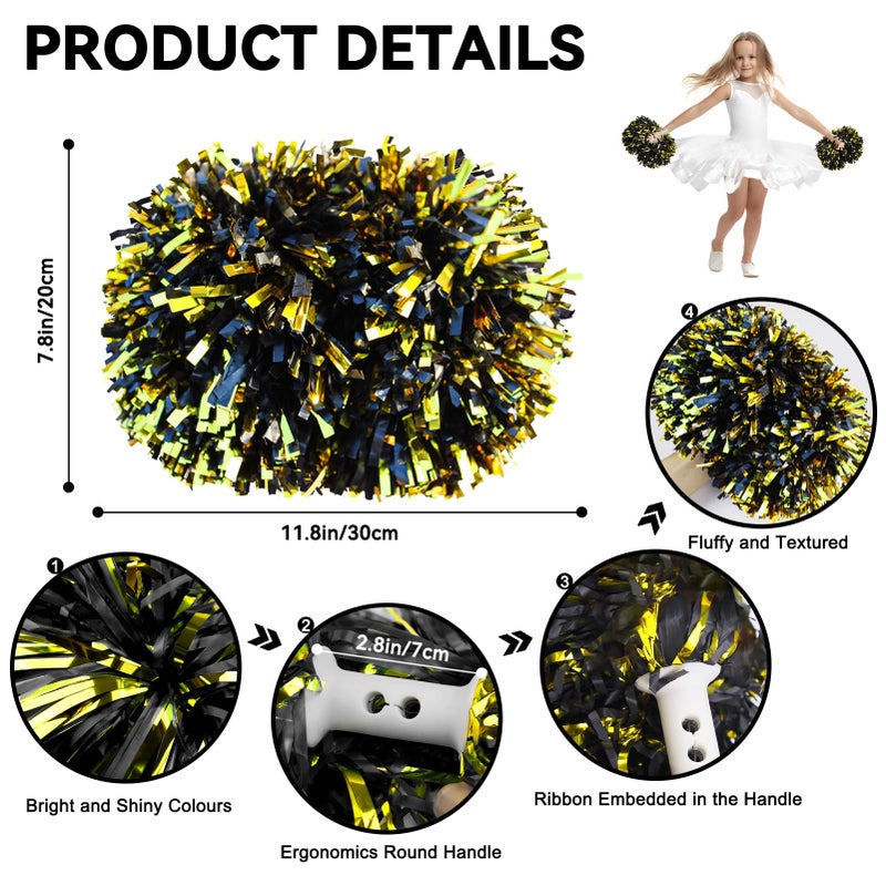 HOLENGS 4Pcs Cheerleading Pom Poms for Kids, 2 Pair Cheerleader Pompoms with Baton Handle, Squad Pompoms for Boy Girl Adults School Team Spirit Sports Cheering Game (Black Gold) - Image 2