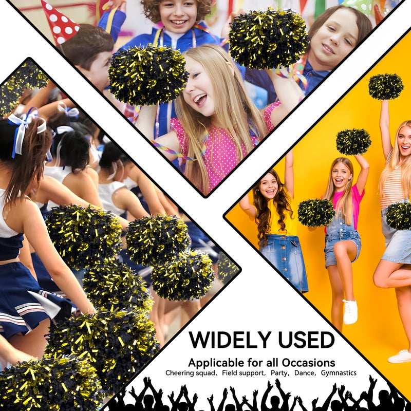 HOLENGS 4Pcs Cheerleading Pom Poms for Kids, 2 Pair Cheerleader Pompoms with Baton Handle, Squad Pompoms for Boy Girl Adults School Team Spirit Sports Cheering Game (Black Gold) - Image 5