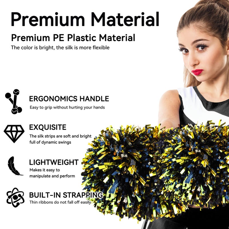 HOLENGS 4Pcs Cheerleading Pom Poms for Kids, 2 Pair Cheerleader Pompoms with Baton Handle, Squad Pompoms for Boy Girl Adults School Team Spirit Sports Cheering Game (Black Gold) - Image 3