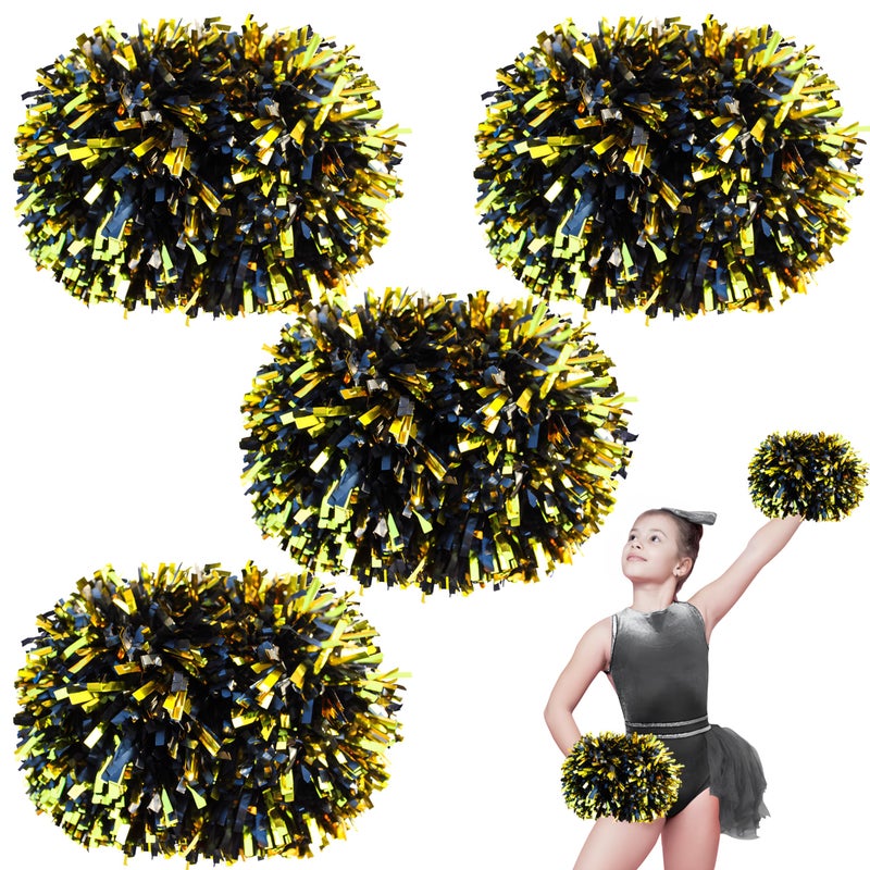 HOLENGS 4Pcs Cheerleading Pom Poms for Kids, 2 Pair Cheerleader Pompoms with Baton Handle, Squad Pompoms for Boy Girl Adults School Team Spirit Sports Cheering Game (Black Gold) - Image 1
