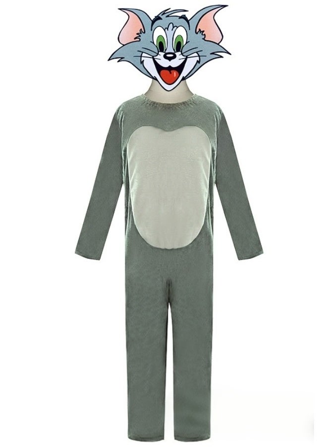 Boys and Girls Animal Tom Cat Costume Set with Mask, Jumpsuit, Animal Outfit for Festival Party Stage Role-playing, suitable for Boys Girls Birthday Gift, Dress-Up, Halloween, Birthday Party Grey