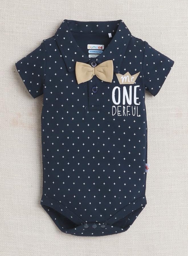 BUMZEE Baby Boys Cotton Bodysuit & Short Set With Bow Suspender & Cap Navy & Beige - 3-6 Months - Image 2