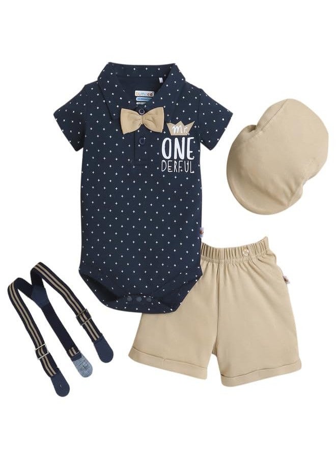 BUMZEE Baby Boys Cotton Bodysuit & Short Set With Bow Suspender & Cap Navy & Beige - 3-6 Months - Image 1