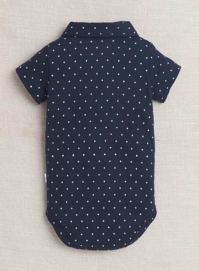 BUMZEE Baby Boys Cotton Bodysuit & Short Set With Bow Suspender & Cap Navy & Beige - 3-6 Months - Image 3