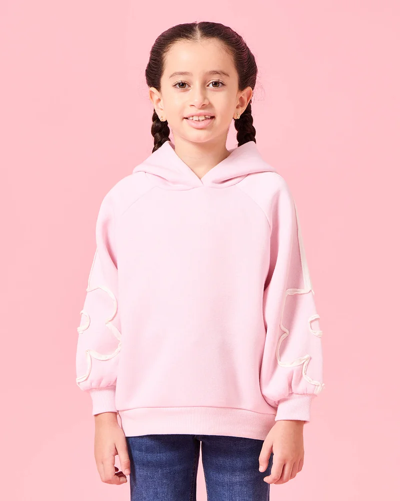 REDTAG Girls Pink 3D Flower At Sleeves Hooded Sweatshirt