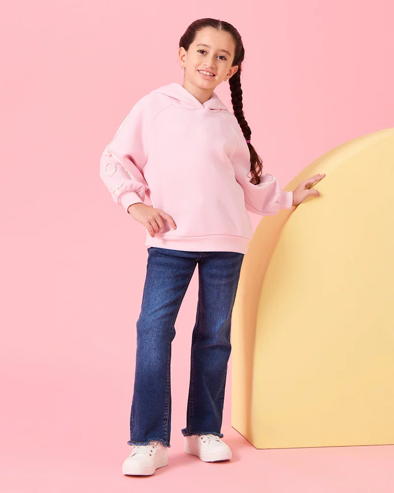 REDTAG Girls Pink 3D Flower At Sleeves Hooded Sweatshirt