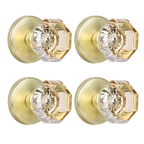 CLCTK Champagne Crystal Glass Dummy Door Knob Bifold Closet Gold Satin Brass Door Knobs Octagon Dummy Door Handles NonTurning Single Side 4 Pack - Image 1