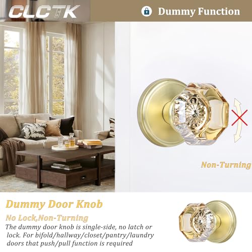 CLCTK Champagne Crystal Glass Dummy Door Knob Bifold Closet Gold Satin Brass Door Knobs Octagon Dummy Door Handles NonTurning Single Side 4 Pack - Image 3
