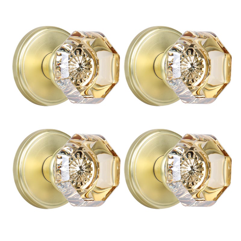 CLCTK Champagne Crystal Glass Dummy Door Knob Bifold Closet Gold Satin Brass Door Knobs Octagon Dummy Door Handles NonTurning Single Side 4 Pack - Image 2