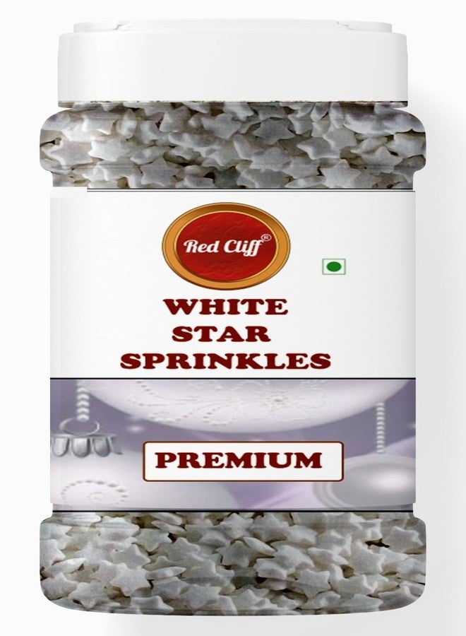 RED CLIFF Edible White Star Shape Sprinkles | Metallic Dessert Toppings for Cakes, Cupcakes, Ice Cream & Sweets | Edible Decorative Sugar Star Sprinkles | Ideal for Baking & Festive Garnishing | 100g Pack - Image 1