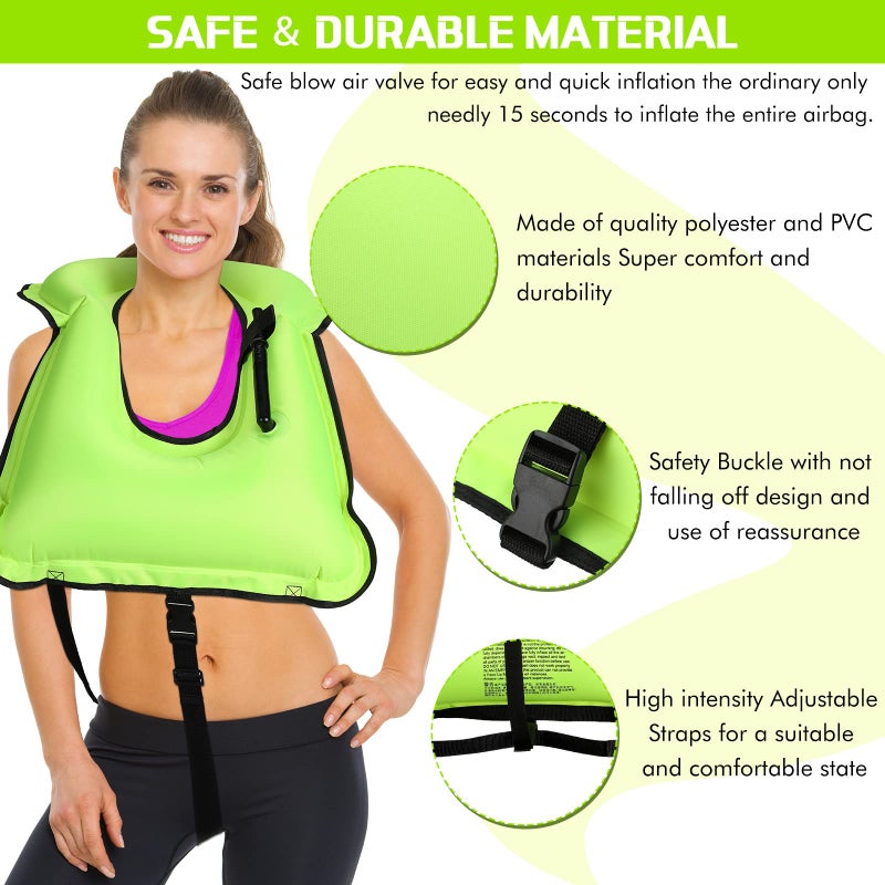 Jerify 4 Pcs Inflatable Snorkel Vest Adults, Portable Swim Vest Jackets, Adjustable Kayaking Jackets Safety Vests for Snorkeling Swimming Diving Surfing (Fluorescent Green) - Image 4
