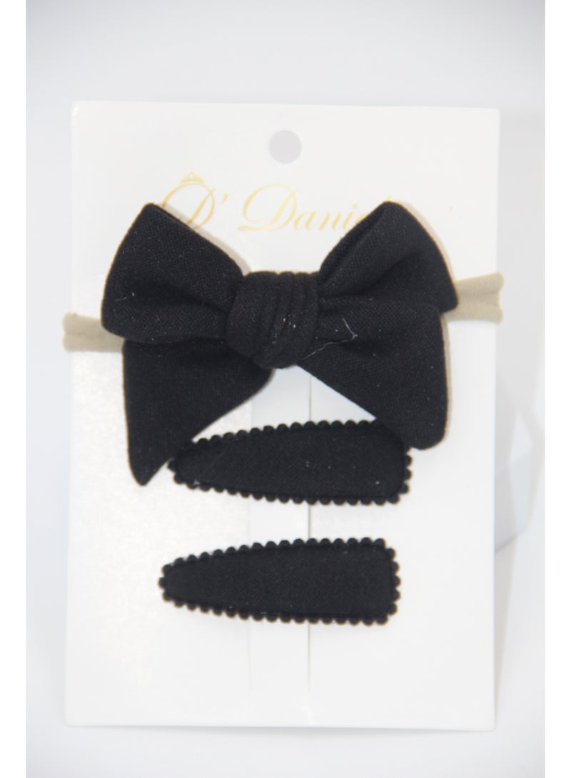 D'Daniela Sara Ribbon Bow Clip Set with Ponytail For Babies and Girls - Black  - Image 2