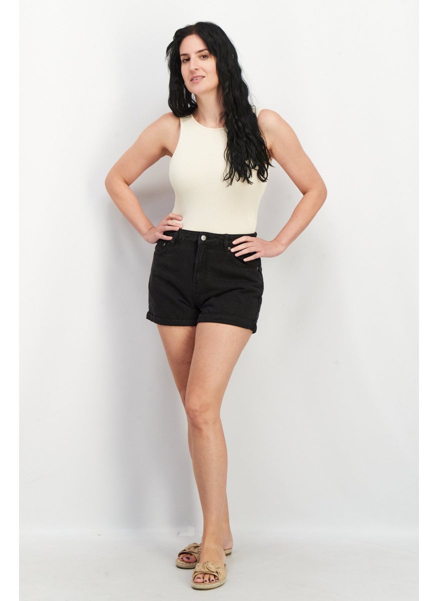 Don't Call Me Jennyfer - Women Cuffed Hem Washed Denim Shorts, Black - Image 1