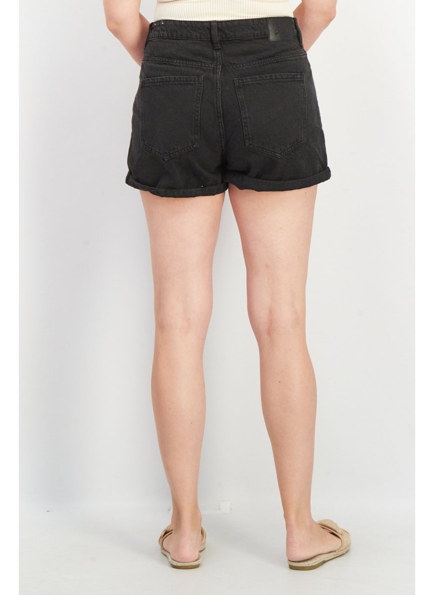 Don't Call Me Jennyfer - Women Cuffed Hem Washed Denim Shorts, Black - Image 1