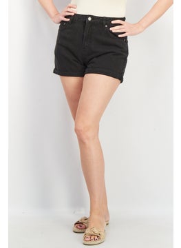 Women Cuffed Hem Washed Denim Shorts, Black