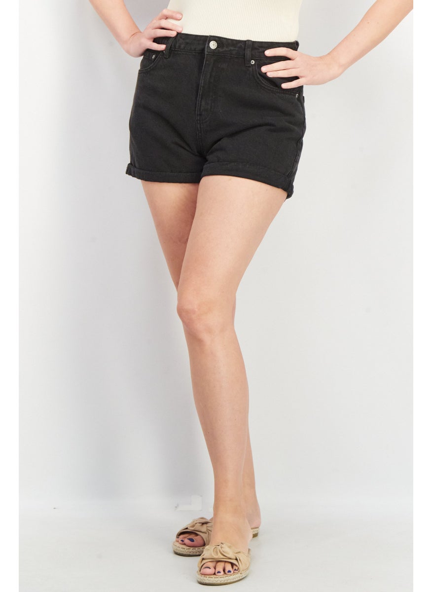 Don't Call Me Jennyfer - Women Cuffed Hem Washed Denim Shorts, Black - Image 1