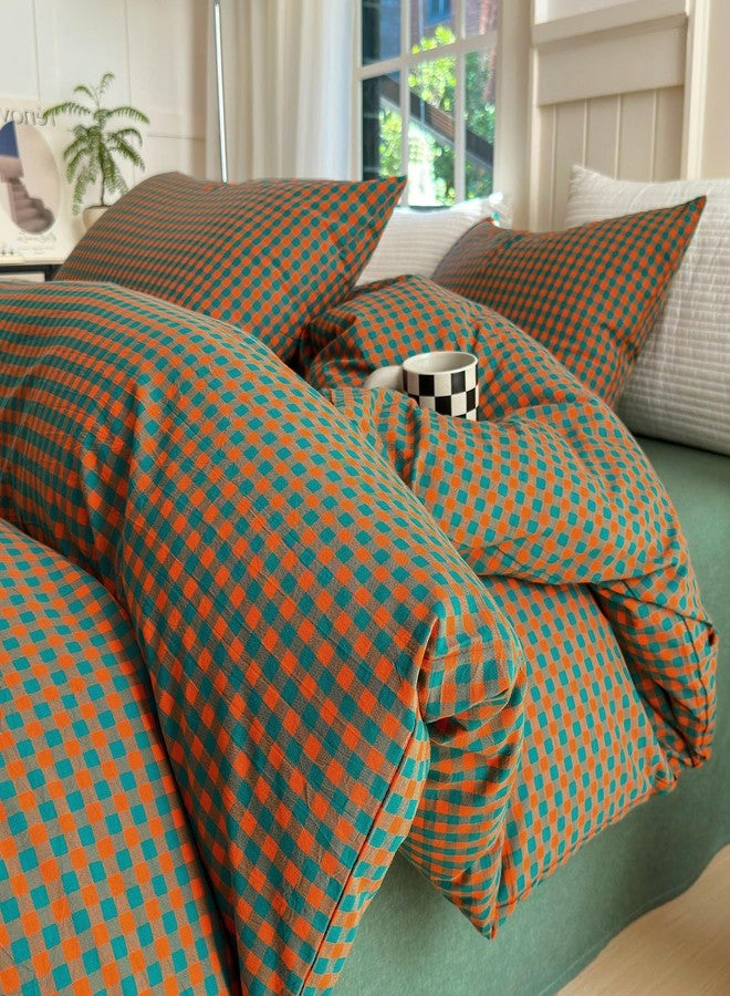 LifeTB Gingham Comforter Set Full Modern Style Orange Green Plaid Grid Comforter Soft Fluffy 3 Pieces Checkered Pattern Comforter Set Farmhouse Gingham Bedding Comforter with 2 Pillowcases - Image 1