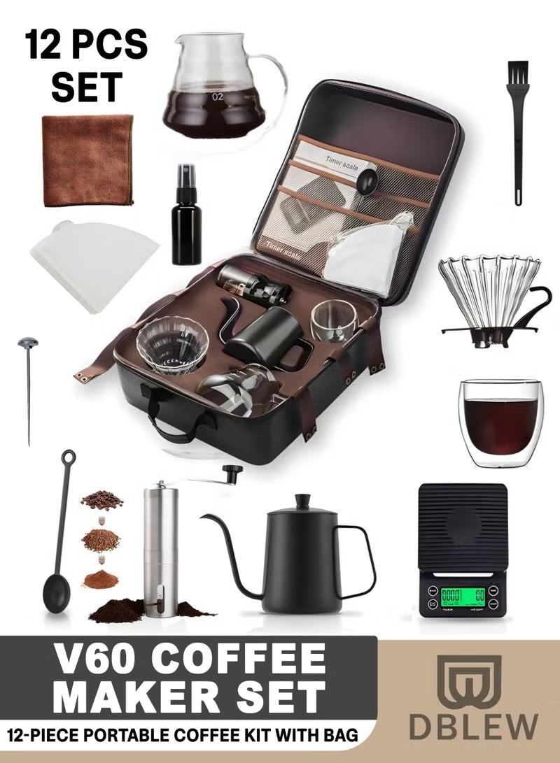 DBLEW V60 Pour Over Coffee Maker 12-Piece Set | Manual Coffee Brewing Kit with Kettle, Scale & Dripper | All-in-1 Travel & Camping Coffee Gift Set - Image 1