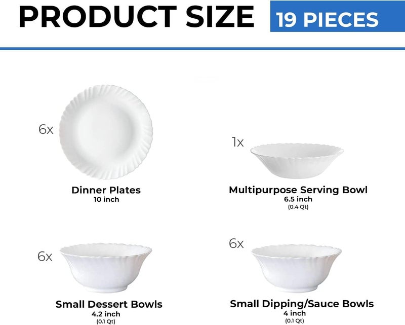LARAH BY BOROSIL Borosil Gourmet Dinnerware Set For 6 19 Pieces White Dinner Plates and Bowls Sets Chip Resistant Tempered Opal Glass Stain Resistant Dishwasher  Microwave Safe Dinner Set For Gifting Serves 6 - Image 2