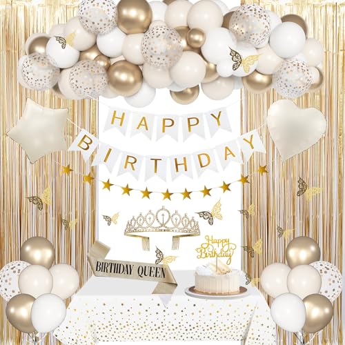 Amandir Birthday Decorations for Women, White Sand Beige Cream Neutral Gold Foil Balloons Table Cloth Sash Crown Curtains Happy Birthday Banner Golden Star Garland Butterfly Boho Party Supplies - Image 1