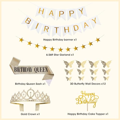 Amandir Birthday Decorations for Women, White Sand Beige Cream Neutral Gold Foil Balloons Table Cloth Sash Crown Curtains Happy Birthday Banner Golden Star Garland Butterfly Boho Party Supplies - Image 3