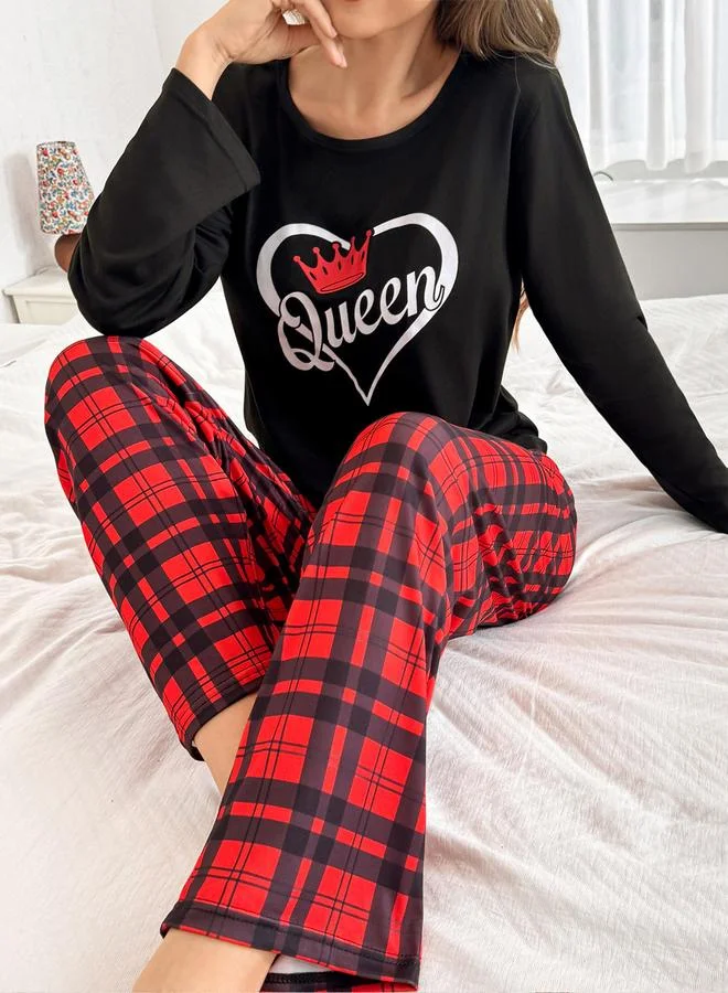 Take Two Take Two Graphic Print Long Sleeve T-Shirt and Checked Pyjama Set