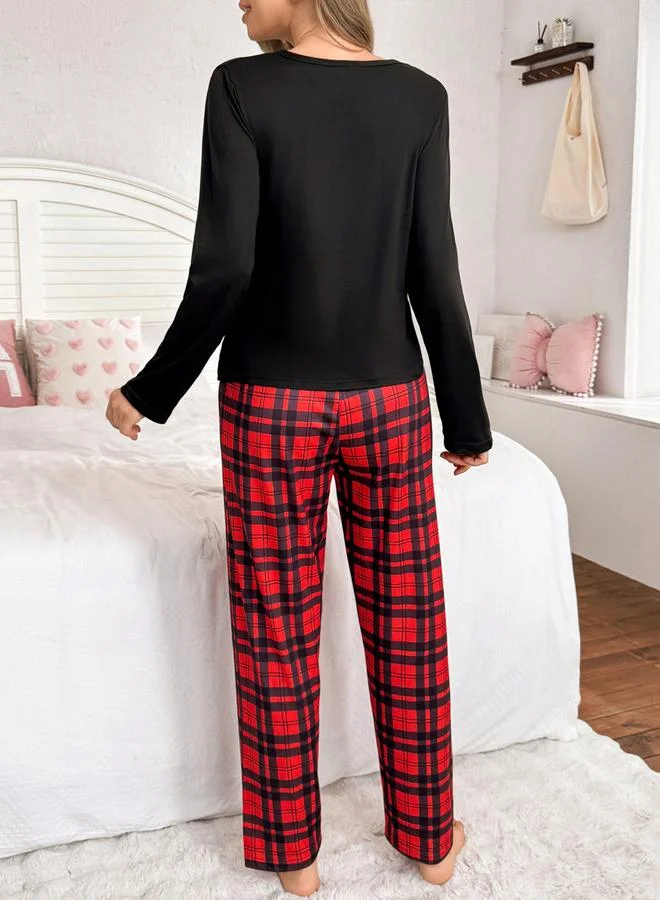 Take Two Take Two Graphic Print Long Sleeve T-Shirt and Checked Pyjama Set