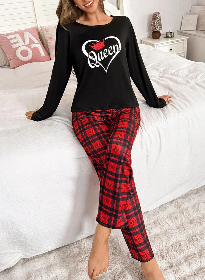 Take Two Multi Take Two Graphic Print Long Sleeve T-Shirt and Checked Pyjama Set for Women | Best Price UAE
