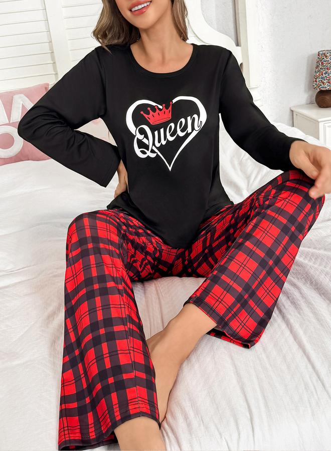 تايك تو طقم تيشيرت بأكمام طويلة بطبعة جرافيك مع بنطال بنقشة مربعات - Image 3