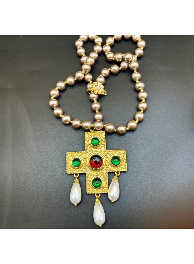 Mid-ancient Vintage European And American Retro Marking Brooch Pearl Long Short Necklace Heavy Industry High Quality