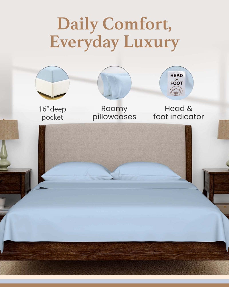 Good Sleep Bedding Olympic Queen Sheets Set, 100% Egyptian Cotton, Luxury 600 Thread Count, 4 Pc Super Queen Sheets Sets, Soft & Breathable, Snug Fit,16" Deep Pocket Fitted Sheet, 2 Pillowcases & 1 Flat Sheet,Light Blue - Image 4