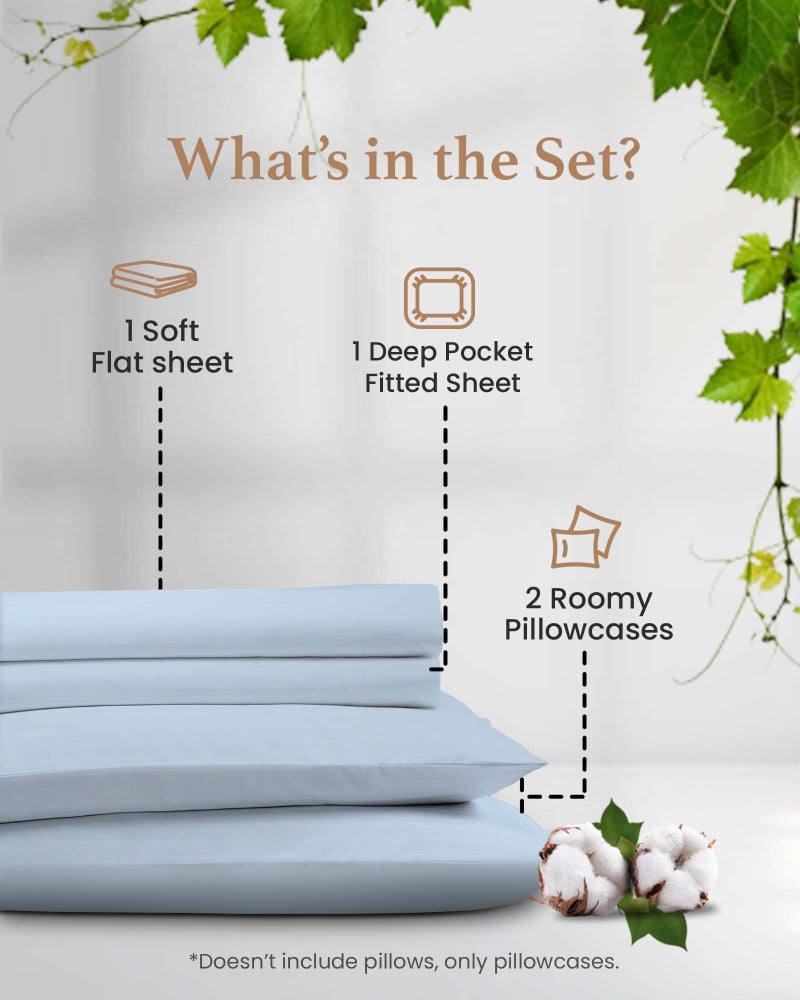 Good Sleep Bedding Olympic Queen Sheets Set, 100% Egyptian Cotton, Luxury 600 Thread Count, 4 Pc Super Queen Sheets Sets, Soft & Breathable, Snug Fit,16" Deep Pocket Fitted Sheet, 2 Pillowcases & 1 Flat Sheet,Light Blue - Image 3
