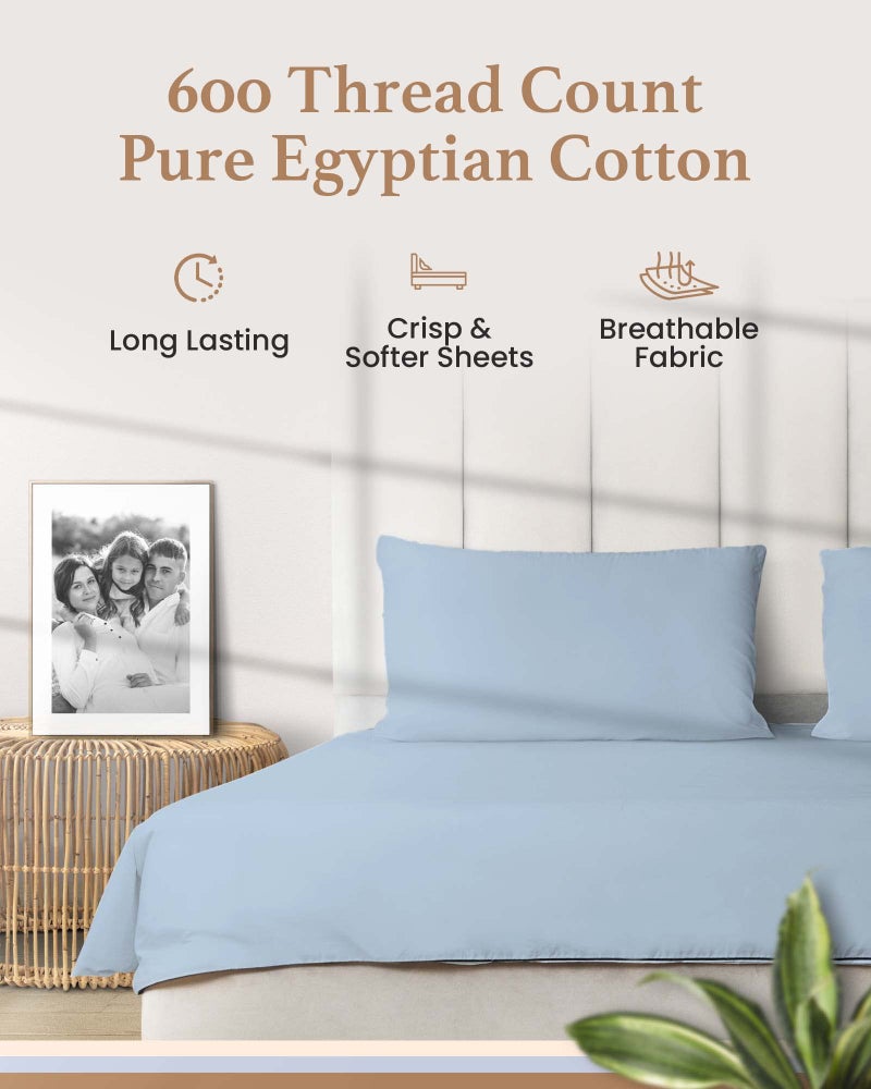 Good Sleep Bedding Olympic Queen Sheets Set, 100% Egyptian Cotton, Luxury 600 Thread Count, 4 Pc Super Queen Sheets Sets, Soft & Breathable, Snug Fit,16" Deep Pocket Fitted Sheet, 2 Pillowcases & 1 Flat Sheet,Light Blue - Image 2