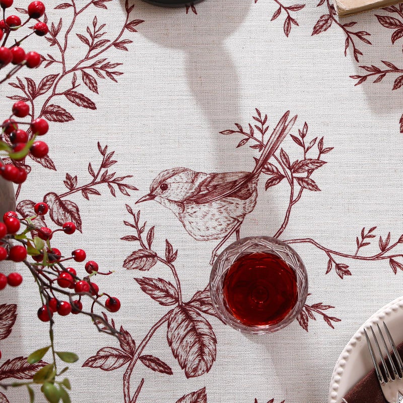 ISAENNE Designer Vintage Linen Small Round Tablecloth,Red Floral Pattern Linen Stain Resistant Table Cloth,Decor Tablecloths for Dining Thanksgiving Kitchen Tea Party,Diameter 55"-Harmony - Image 4