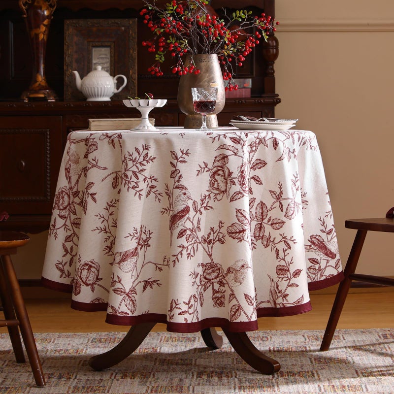 ISAENNE Designer Vintage Linen Small Round Tablecloth,Red Floral Pattern Linen Stain Resistant Table Cloth,Decor Tablecloths for Dining Thanksgiving Kitchen Tea Party,Diameter 55"-Harmony - Image 2