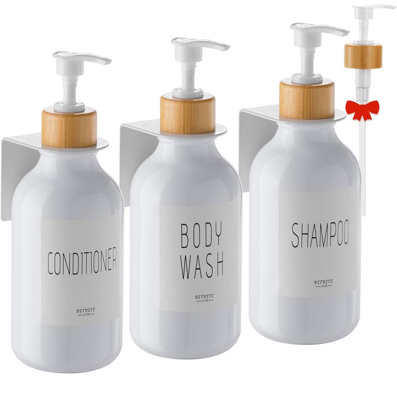 VITVITI Shampoo and Conditioner Dispenser Body Wash Shower Soap Dispenser Wall Mounted 3 Chamber Drill Free 17oz Plastic Shower Bottles for Bathroom White 3 Sets