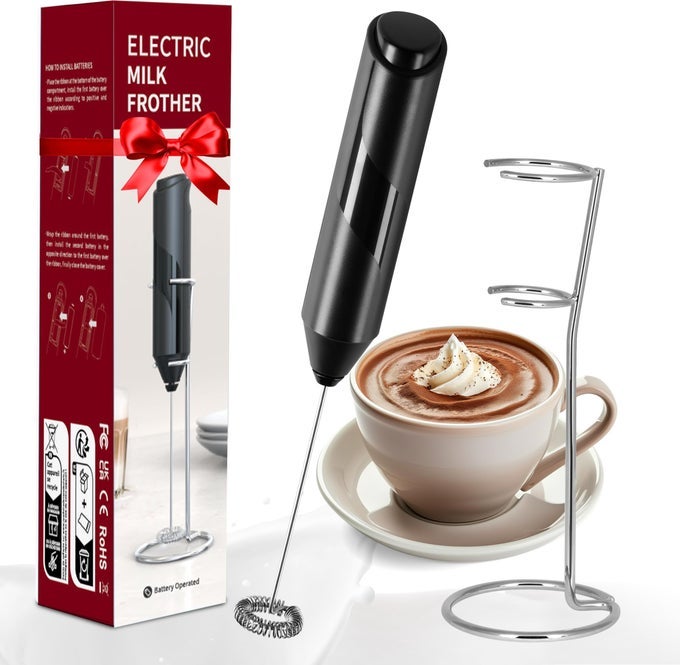 ELECTRIC MILK FROTHER HANDHELD WITH STAINLESS STEEL STAND BATTERY OPERATED WHISK DRINK MIXER FOR COFFEE FRAPPE LATTE MATCHA HOT CHOCOLATE BLACK 1 PACK BLACK2