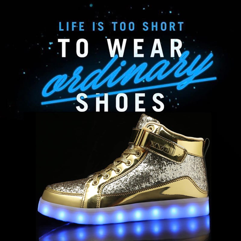 IGxx LED Light Up Shoes for Men USB Recharging High Top Sneakers Women Kids Glitter Gold 9.5 - Image 2