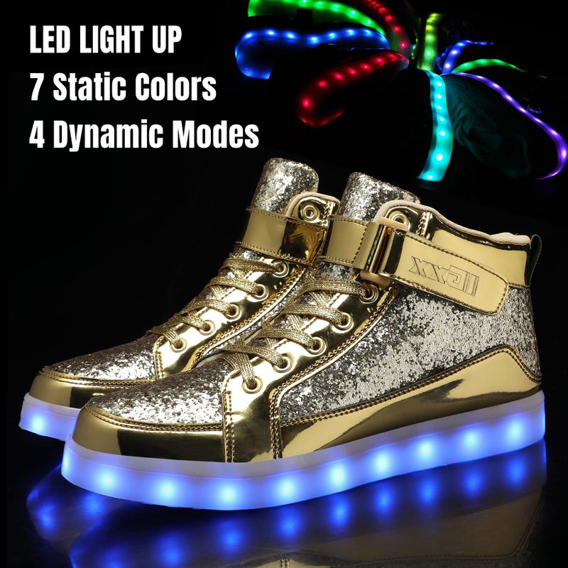 IGxx LED Light Up Shoes for Men USB Recharging High Top Sneakers Women Kids Glitter Gold 9.5 - Image 3