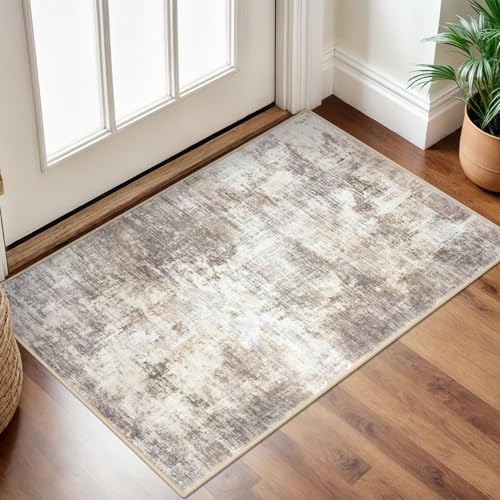 IOHOUZE Small Abstract Area Rug 2x3 Ft Entryway Rugs Washable Door Mat Indoor Entrance Rubber Backed Throw Rugs Printed Faux Wool Non Slip Floor Carpet for Foyer Front Door Sink Beige Brown - Image 1