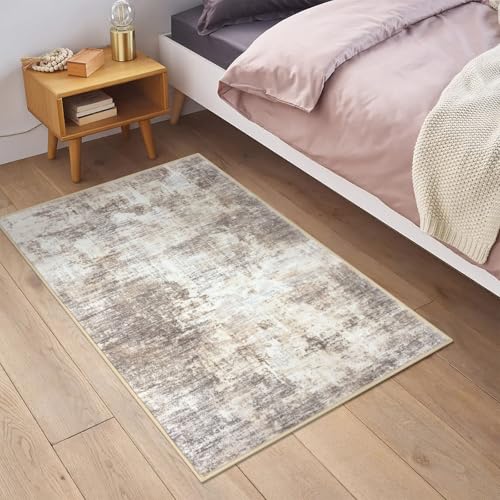 IOHOUZE Small Abstract Area Rug 2x3 Ft Entryway Rugs Washable Door Mat Indoor Entrance Rubber Backed Throw Rugs Printed Faux Wool Non Slip Floor Carpet for Foyer Front Door Sink Beige Brown - Image 3