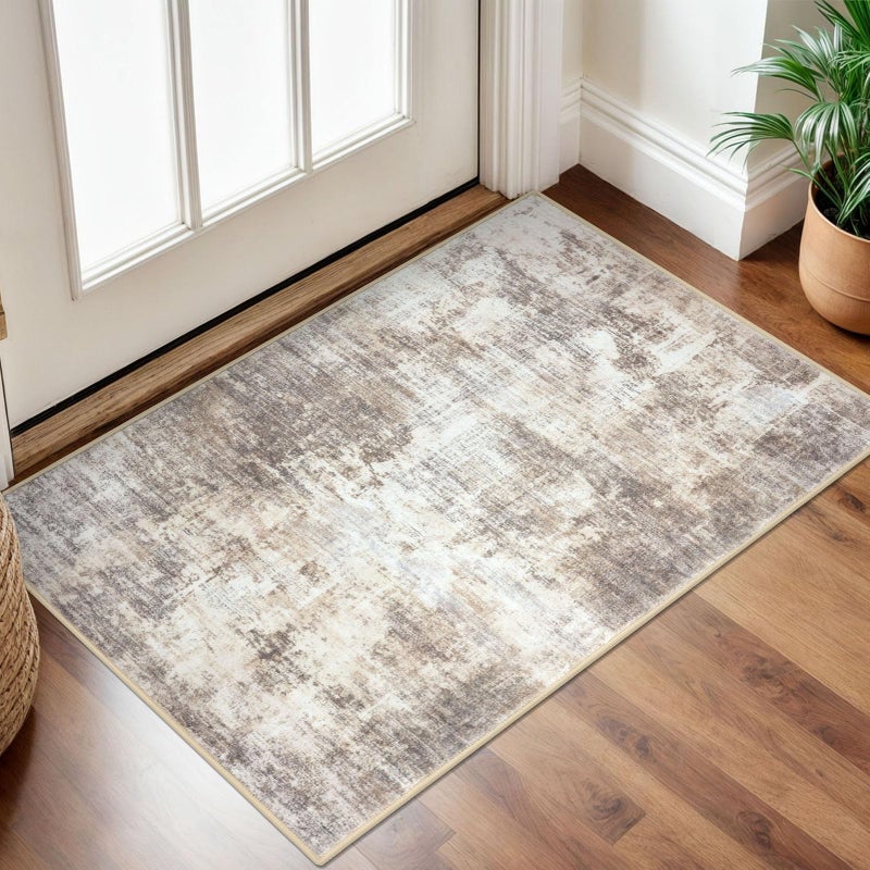 IOHOUZE Small Abstract Area Rug 2x3 Ft Entryway Rugs Washable Door Mat Indoor Entrance Rubber Backed Throw Rugs Printed Faux Wool Non Slip Floor Carpet for Foyer Front Door Sink Beige Brown - Image 2